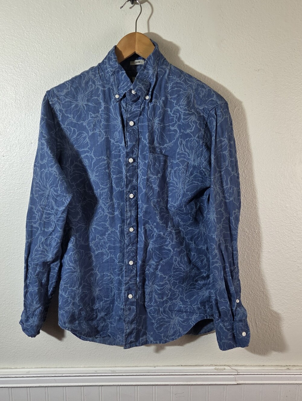 J.Crew Linen Hawaiian Floral Button Up Shirt Blue Slim Fit Mens Small Resort